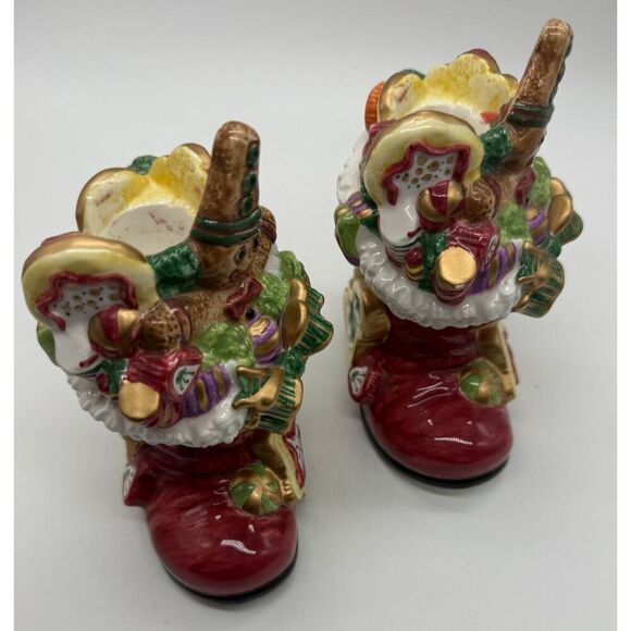 Fitz and Floyd Santa's Sweets Candy Cookies Boots Candleholders Set of 2 - Picture 2 of 9